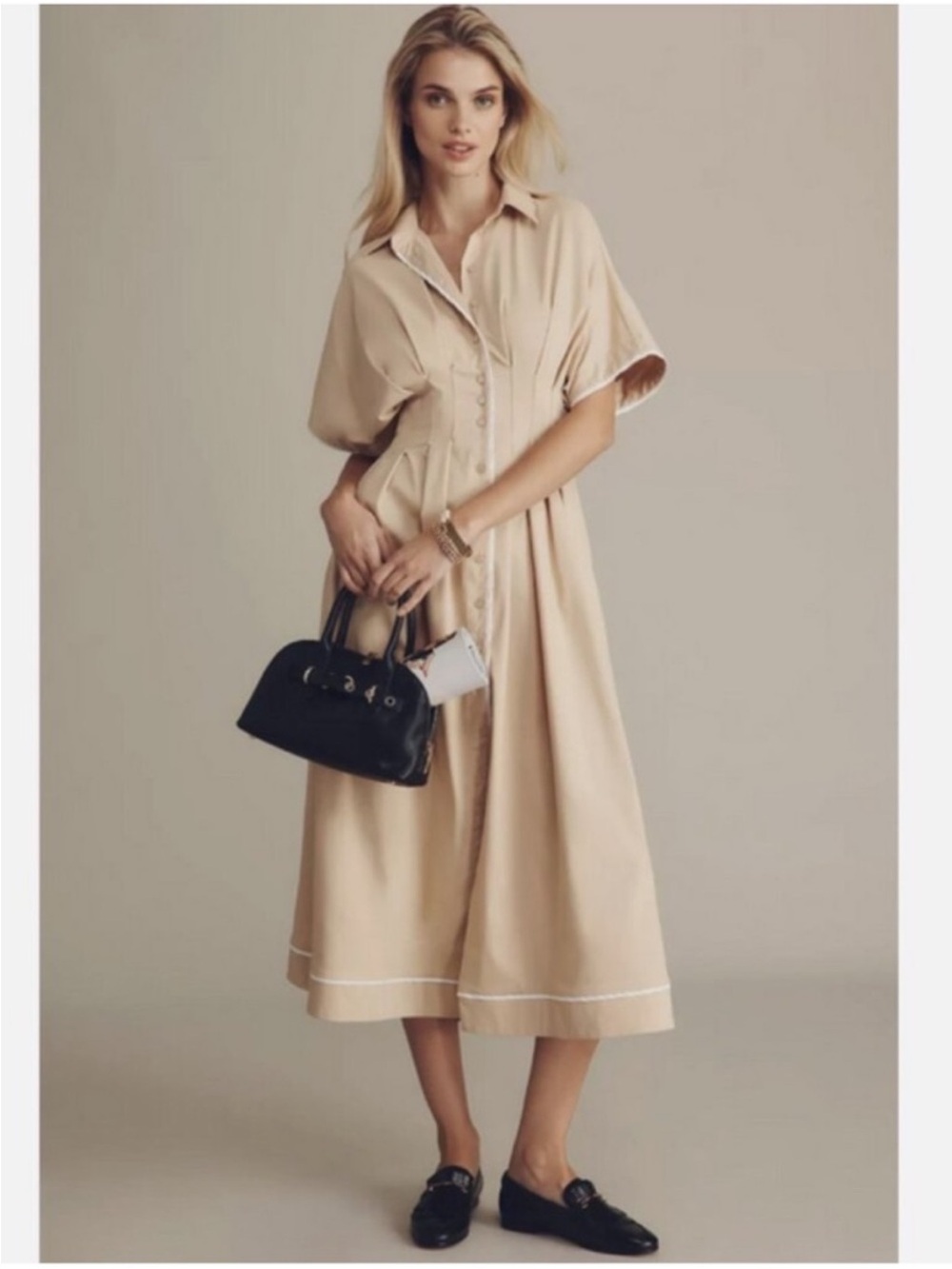 Anthropologie || Exquise Tobie Janie Midi Shirt Dress Fit + Flare Beige Tan S - Picture 1 of 10